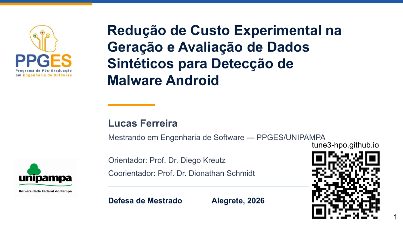 Primeiro slide da apresentação de defesa: Redução de Custo Experimental na Geração e Avaliação de Dados Sintéticos para Detecção de Malware Android